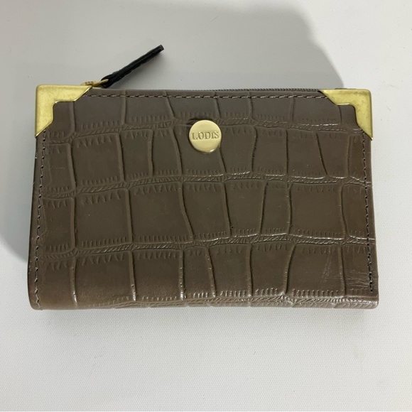 LODIS Brown Crocs Leather Bifold Sm Wallet Gold Hardware, 8 Card Slots Zip Area - Picture 2 of 16